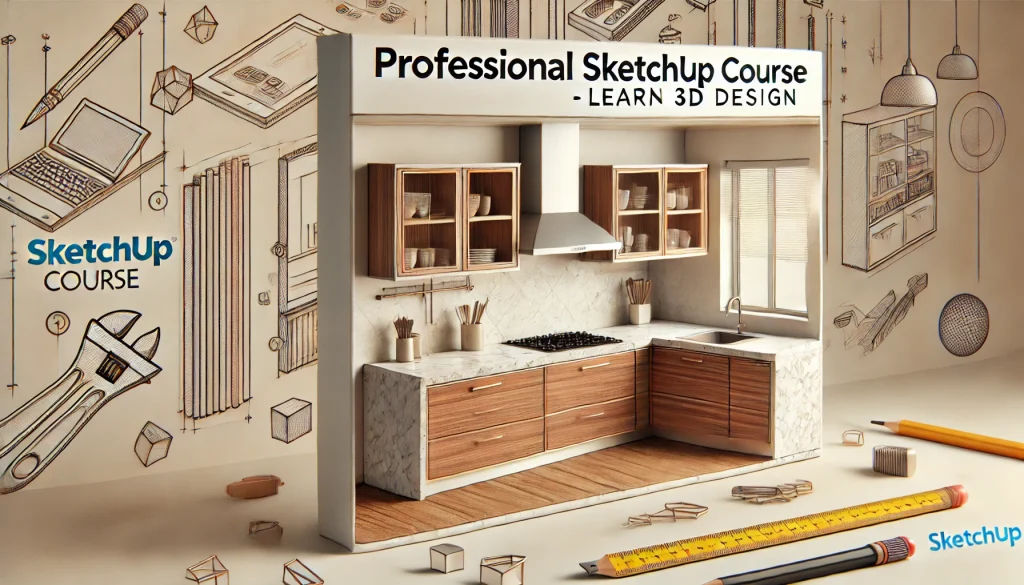DALL·E 2024 10 10 16.27.46 A visually engaging rectangular banner for a SketchUp course. The image features a sleek modern kitchen design rendered in SketchUp with detailed ca