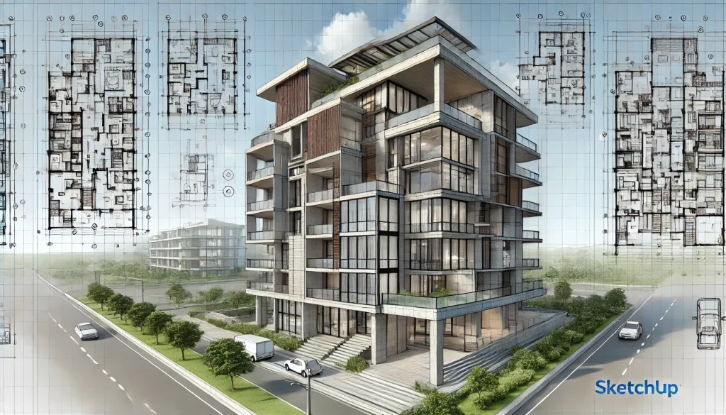 DALL·E 2024 10 10 16.31.58 A detailed 3D building design created in SketchUp. The building has modern architectural features with large glass windows sleek lines and a mix of